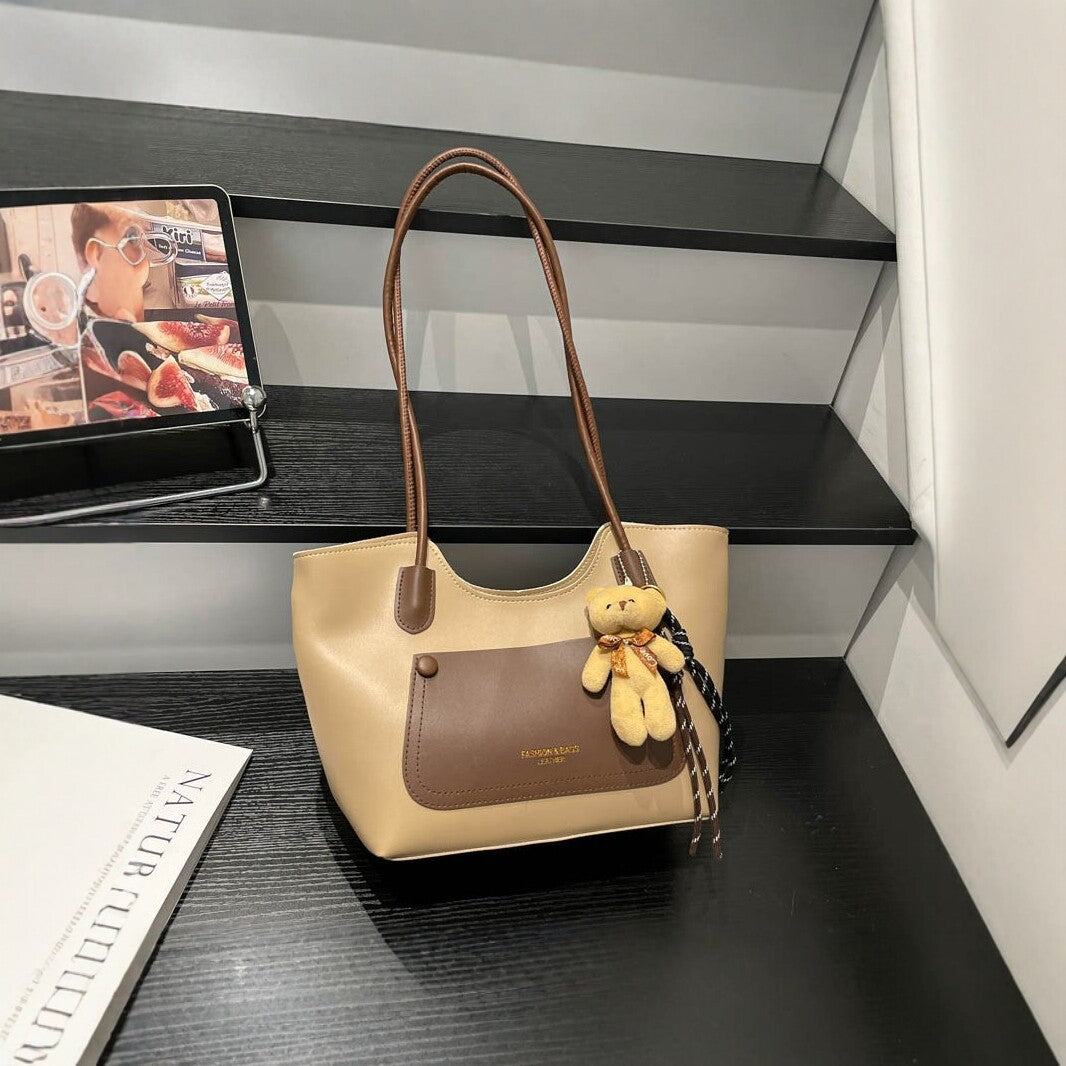 Elegant Tote Handbag with Plush Keychain