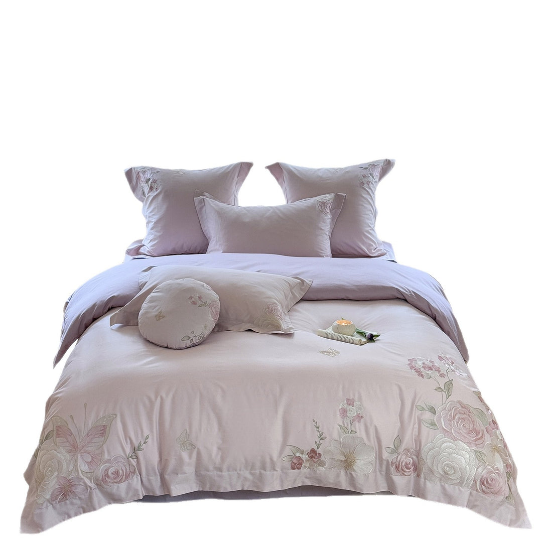 luxurious cotton satin bed linen set with floral embroidery