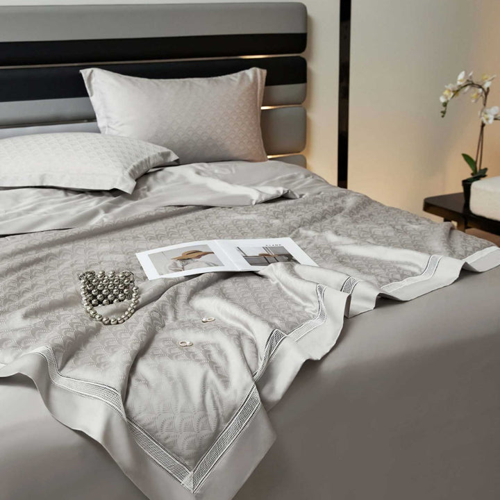 Satin-Duvet cover set with woven check jacquard and decorative border