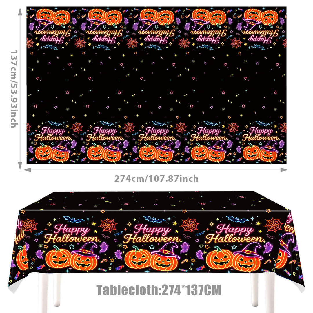 Complete Halloween Party Table Decoration Set with Neon Pumpkin Design Disposable Dinnerware and Garland
