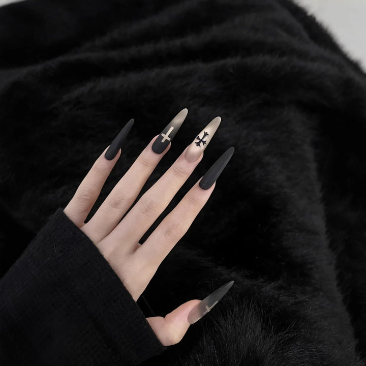 Artistic Press-On Nail Set with Gothic Cross Designs