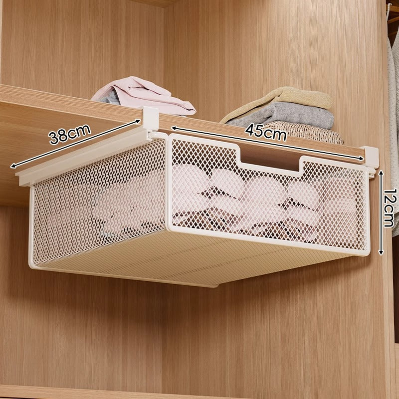 Under-Shelf Pull-Out Metal Mesh Closet Basket Organizer with Clamp Rail