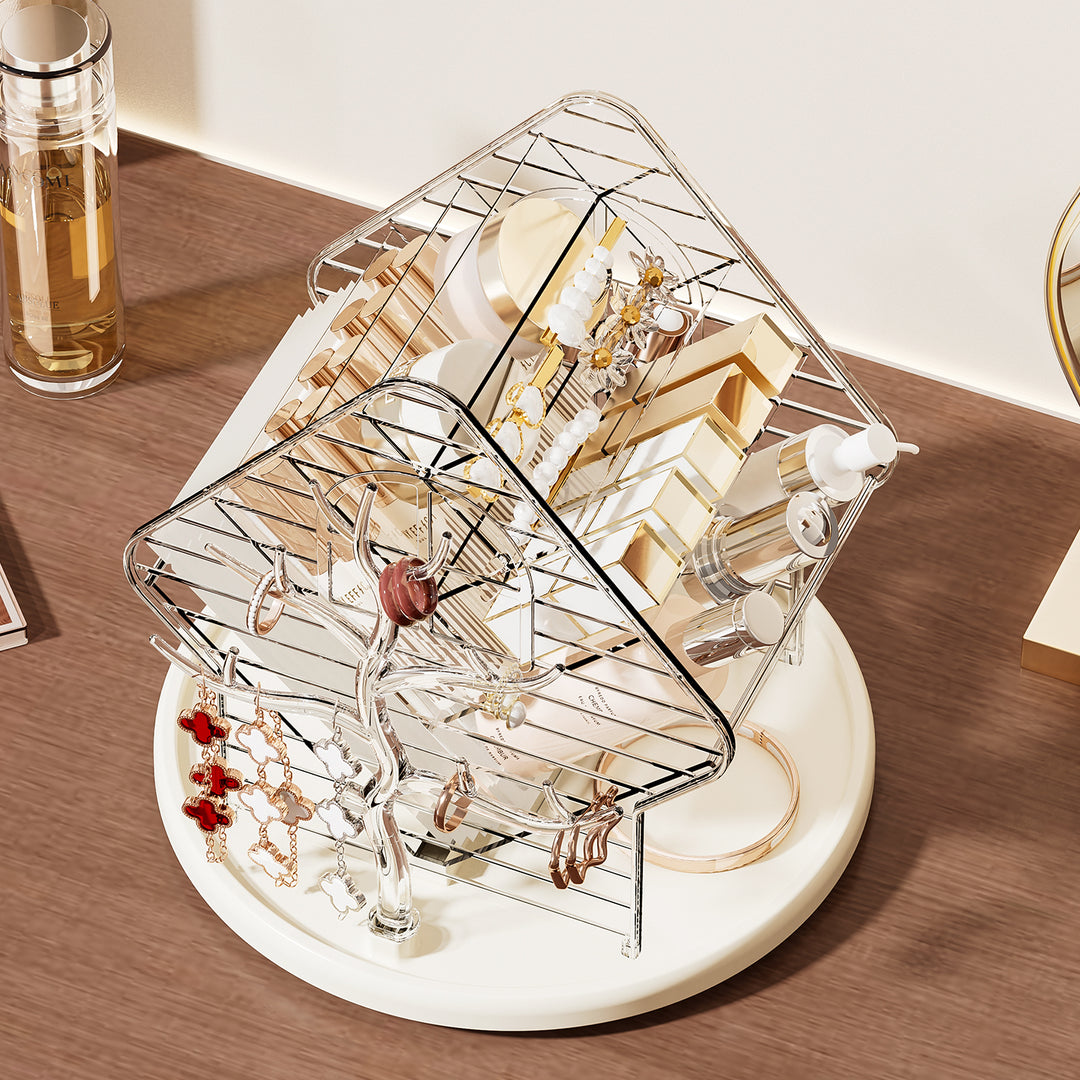 Rotating cosmetic organizer in house shape made of acrylic with lipstick holder and removable catch tray
