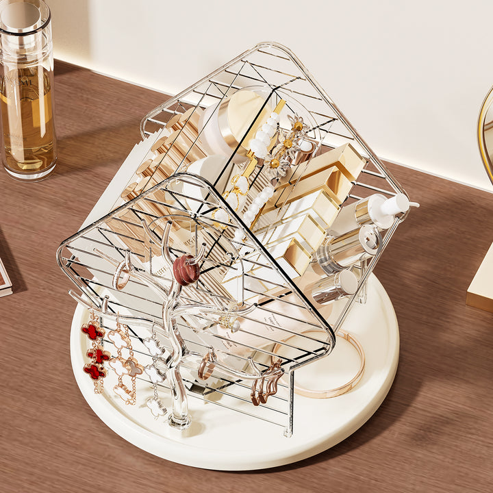 Rotating cosmetic organizer in house shape made of acrylic with lipstick holder and removable catch tray
