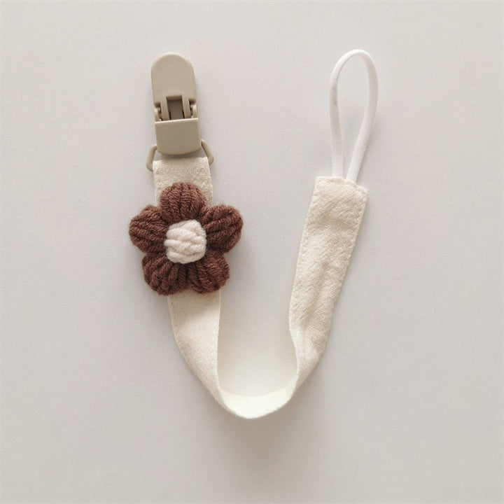 Organic Cotton Pacifier Leash with Quick-Release Clip and Hand-Knit Flower