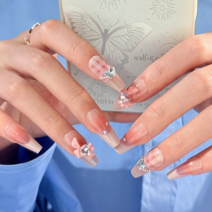 Artistic Press-On Nail Art Set with Floral and Gemstone Accents Kalsten