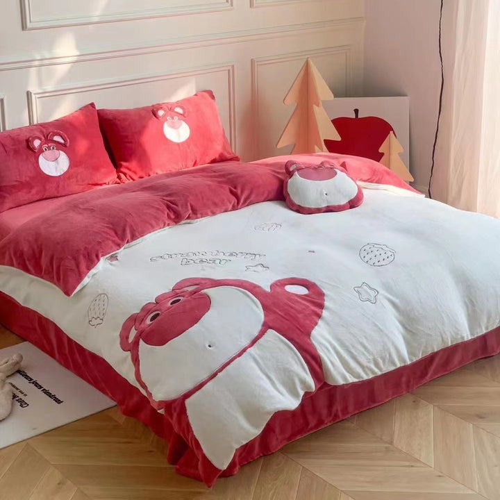 Cute quilted bedding set with plush bear applique and strawberry motif