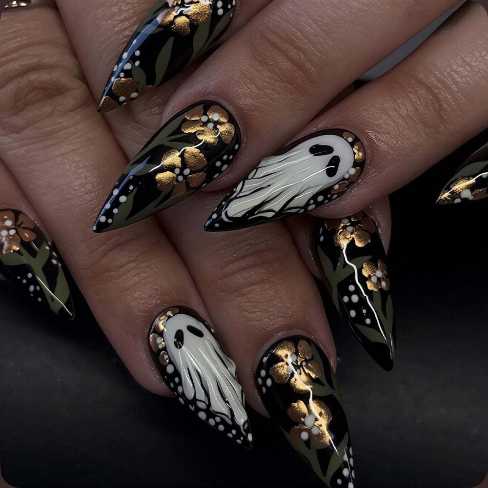 Artistic Ghost and Floral Theme Press-On Nail Art Kalsten