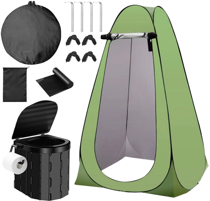 Portable pop-up privacy tent and collapsible camping toilet kit with full accessory set Kalsten