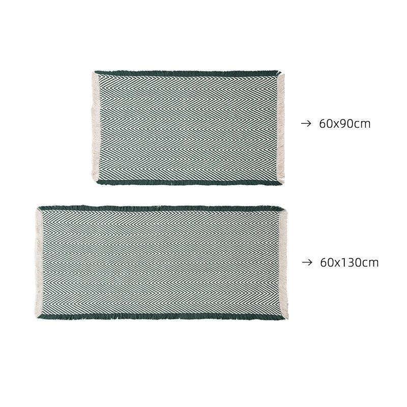 Woven runner and door mat set with herringbone structure and decorative fringes