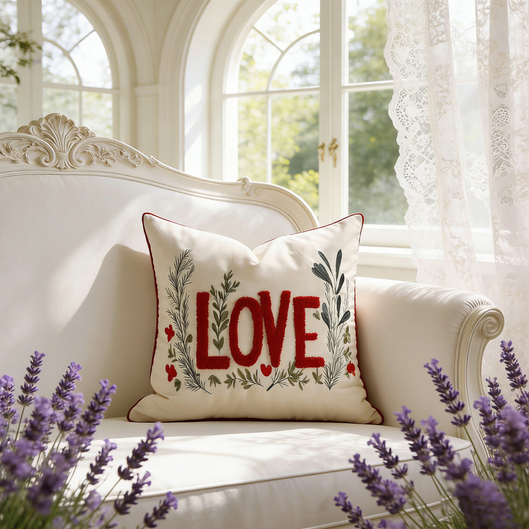 Embroidered Script Love Lumbar Pillow Cover with Tufted Heart