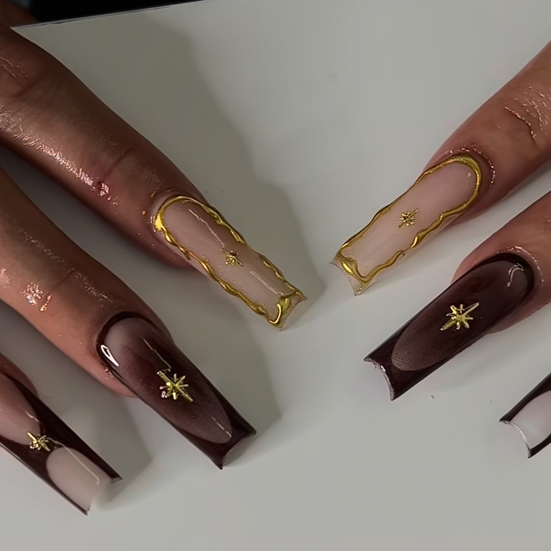 Artistic Long Press-On Nail Art Extensions with Gold Detailing Kalsten