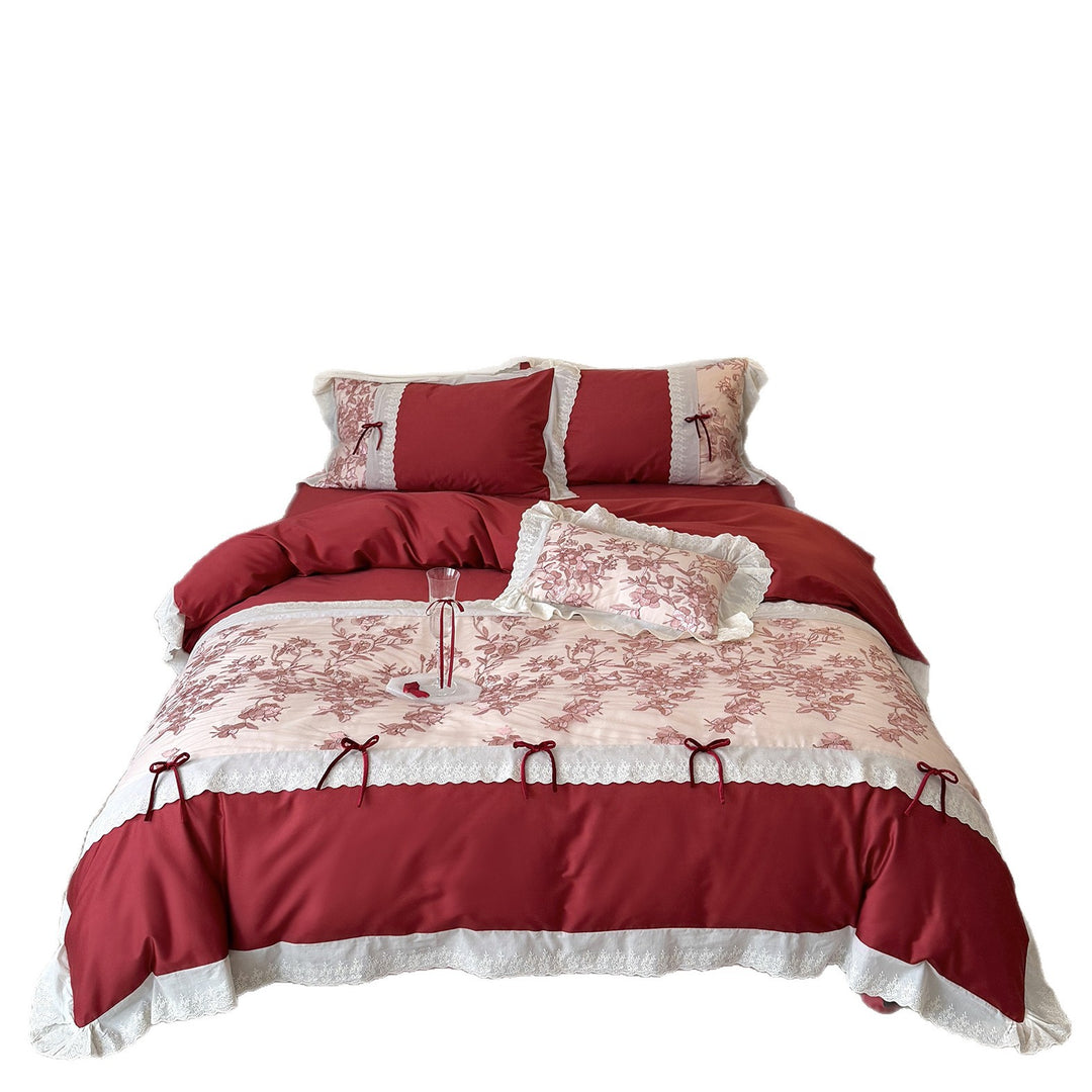 Romantic Cotton Bedding Set with Floral Embroidery, Lace Border and Decorative Ribbons