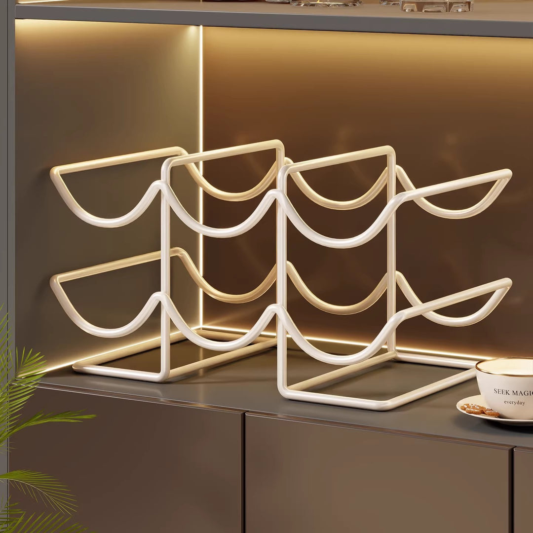 Minimalist Curved Metal Countertop Wine Rack Six-Bottle Horizontal Storage