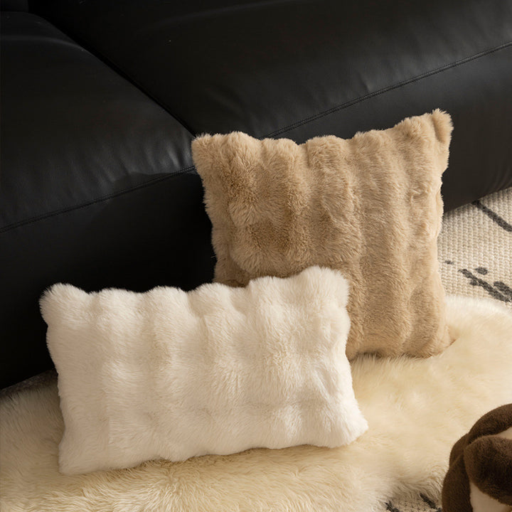 Rectangular faux fur decorative cushion with wavy plush surface