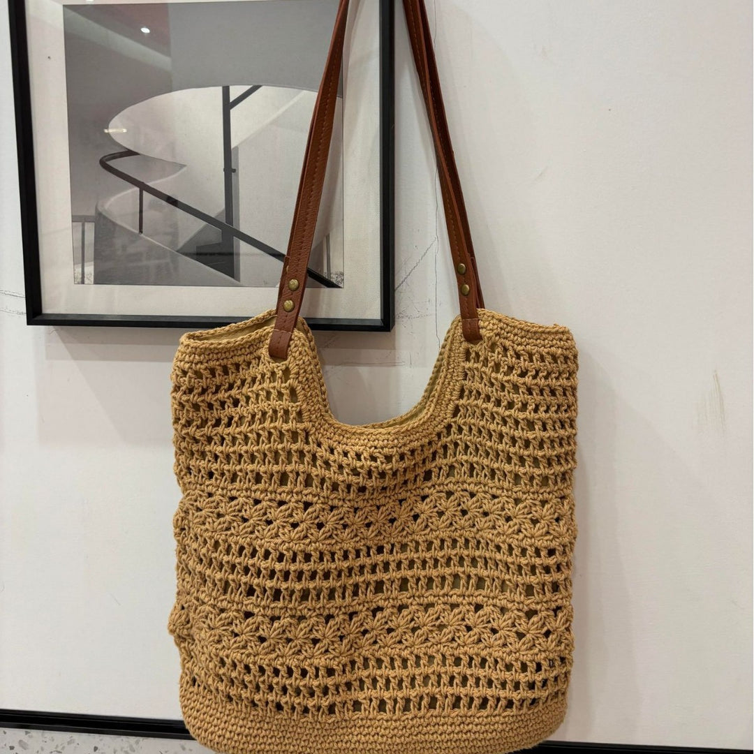 Hand-knotted shopper bag with integrated leather handle Kalsten