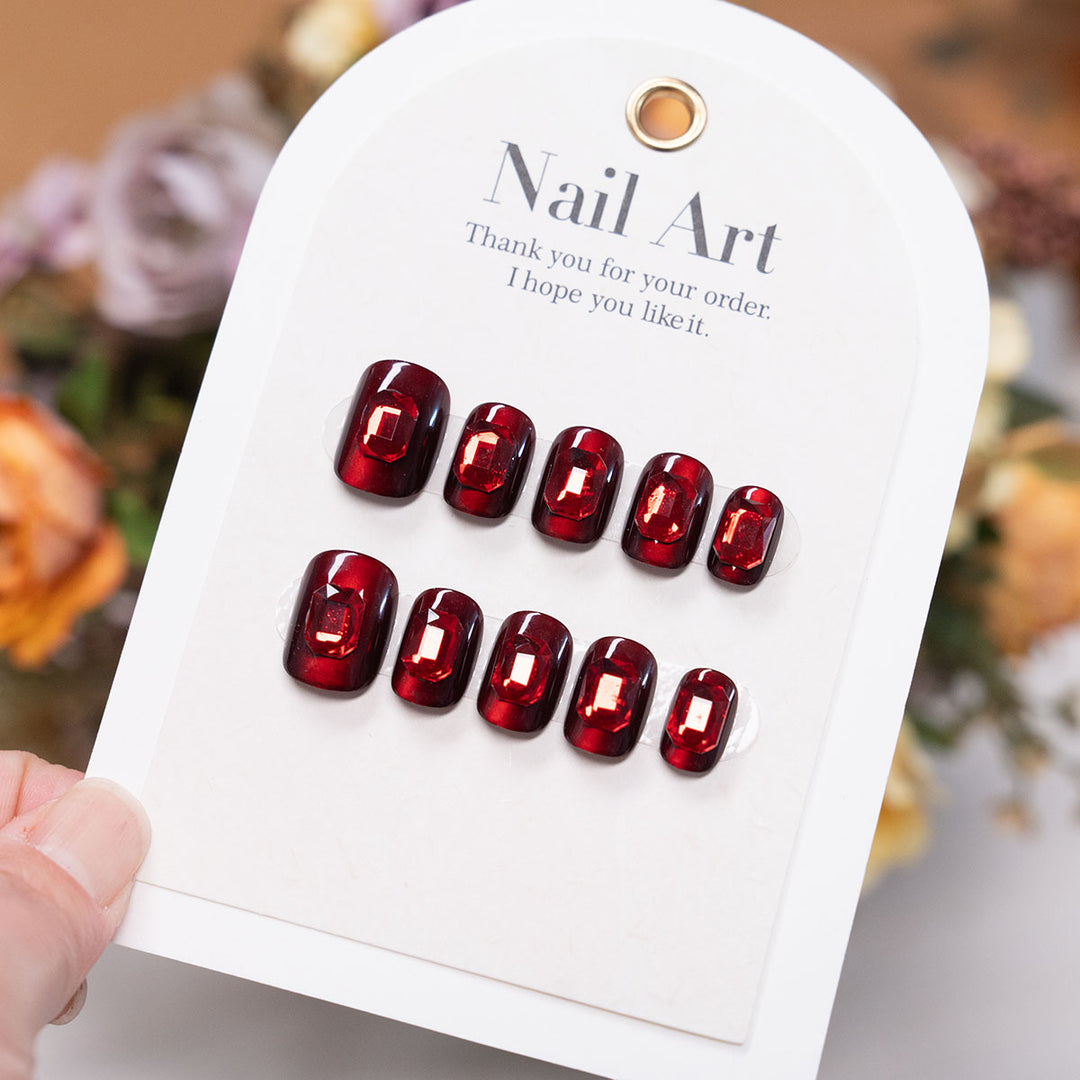 Premium Glossy Press-On Nail Set with Rhinestone Accents