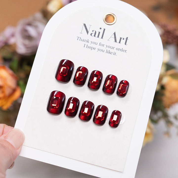 Premium Glossy Press-On Nail Set with Rhinestone Accents