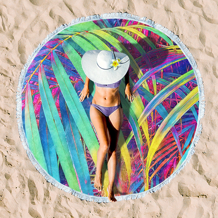 Round beach towel with tropical palm pattern Kalsten