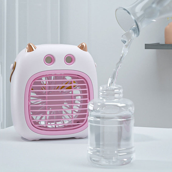 Cooling compact tabletop evaporative misting fan humidifier with refillable top-fill reservoir and adjustable airflow Kalsten