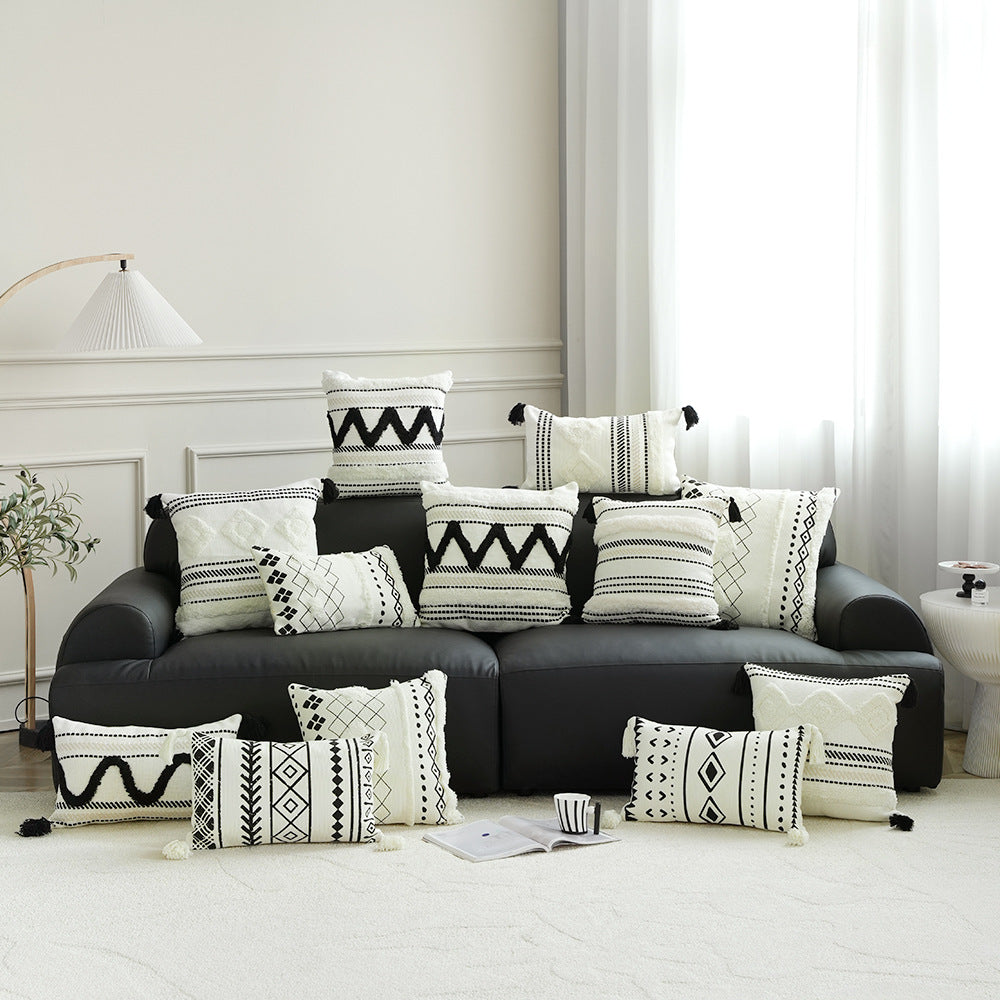 Rectangular Woven Lumbar Decorative Pillow with Tufted Diamonds and Tassels