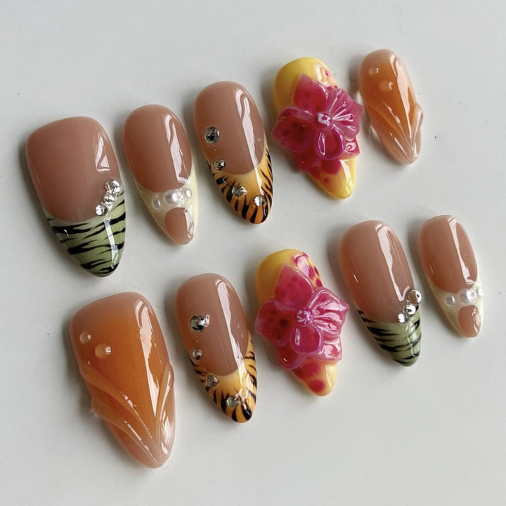 Artistic stiletto nails with colorful flower design and glitter Kalsten
