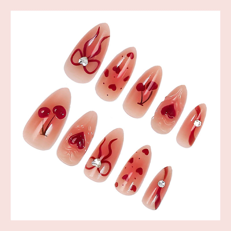 Artificial nail set with romantic heart and cherry motifs Kalsten