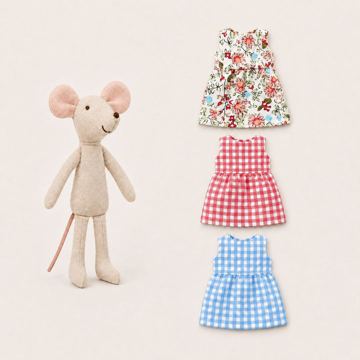 Handcrafted Linen-Style Mouse Soft Toy with Three Removable Cotton Dresses