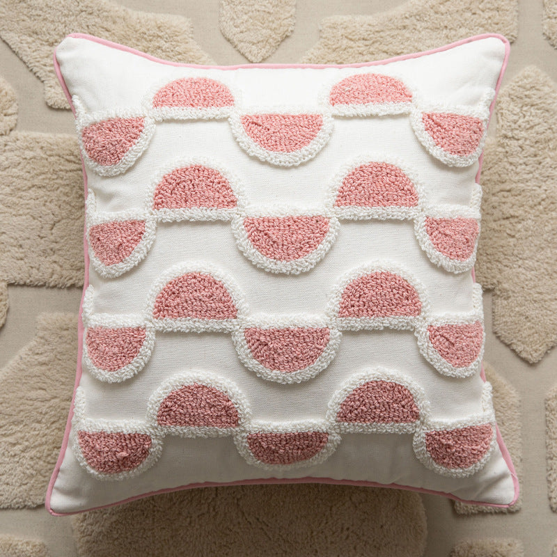 Hand-Tufted Concentric Arch Cotton Throw Pillow with Tassel Corners and Removable Cover