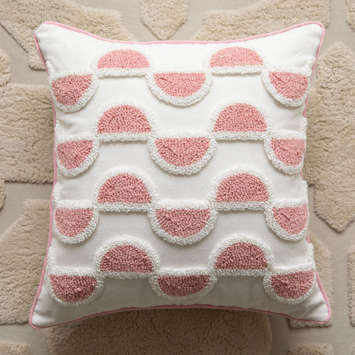 Hand-Tufted Concentric Arch Cotton Throw Pillow with Tassel Corners and Removable Cover