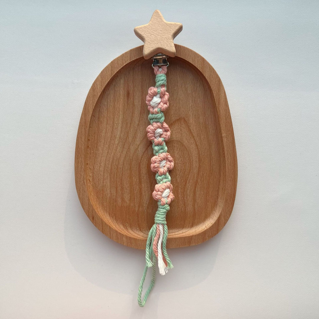 Cotton Crochet Floral Pacifier and Teether Clip with Wooden Heart Safety Clip