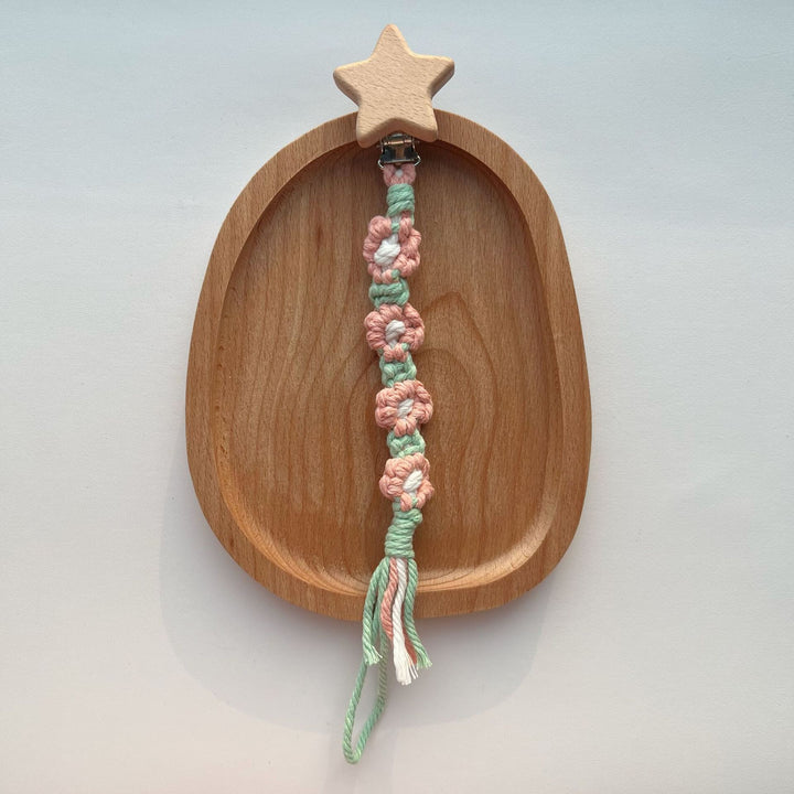Cotton Crochet Floral Pacifier and Teether Clip with Wooden Heart Safety Clip