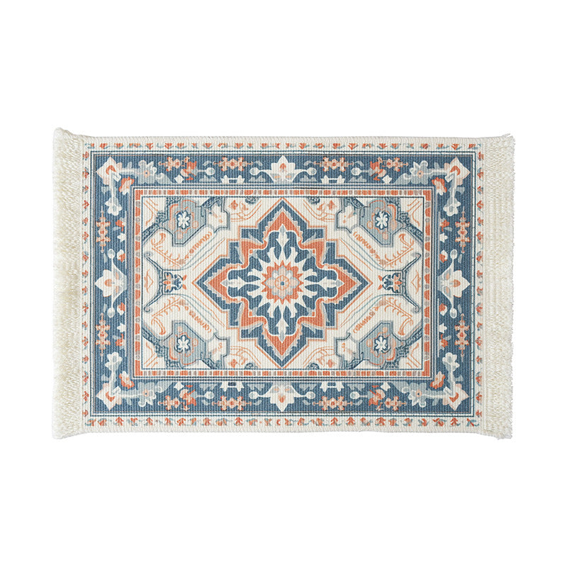 Woven small runner rug in vintage ornamental style with fringes