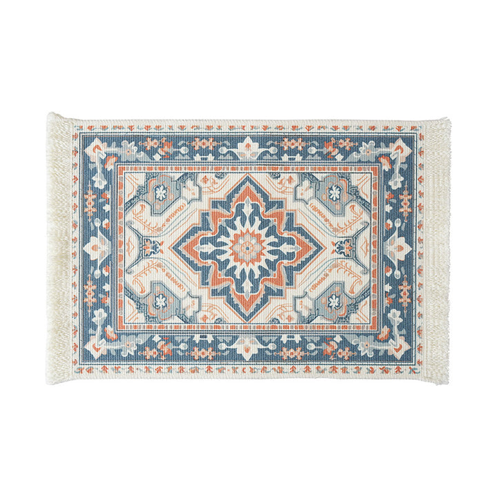 Woven small runner rug in vintage ornamental style with fringes