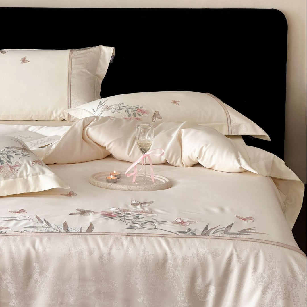 Satin bedding set with delicate flower and butterfly embroidery
