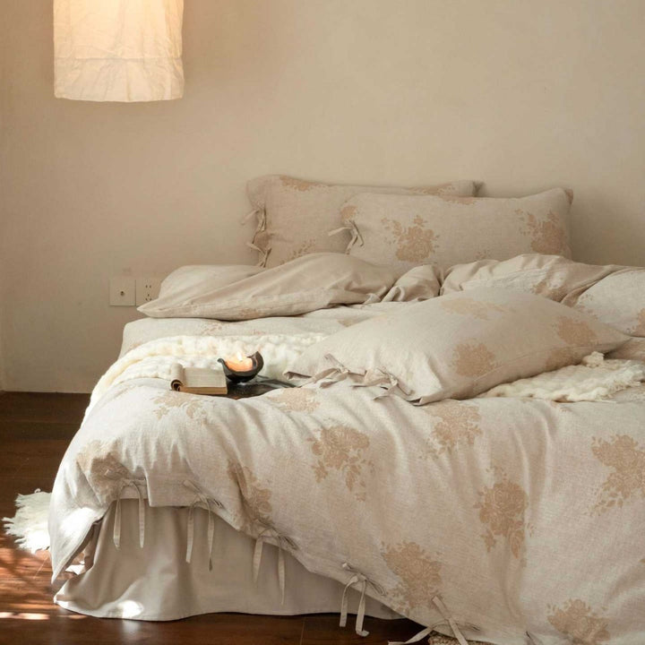 Bedding set made of linen look with floral jacquard weaving and decorative bows