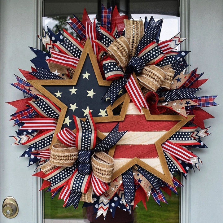 Unisex nan more patriotic door wreath with wooden star, multi-layered fabric bows and rustic jute ribbon Kalsten