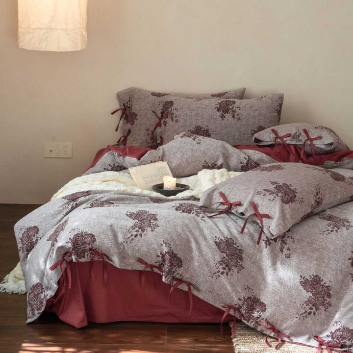 Bedding set made of linen look with floral jacquard weaving and decorative bows