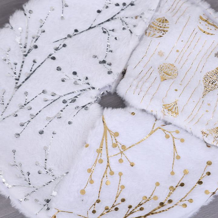 Plush Round Faux Fur Christmas Tree Skirt With Gold Star Print And Center Slit Closure