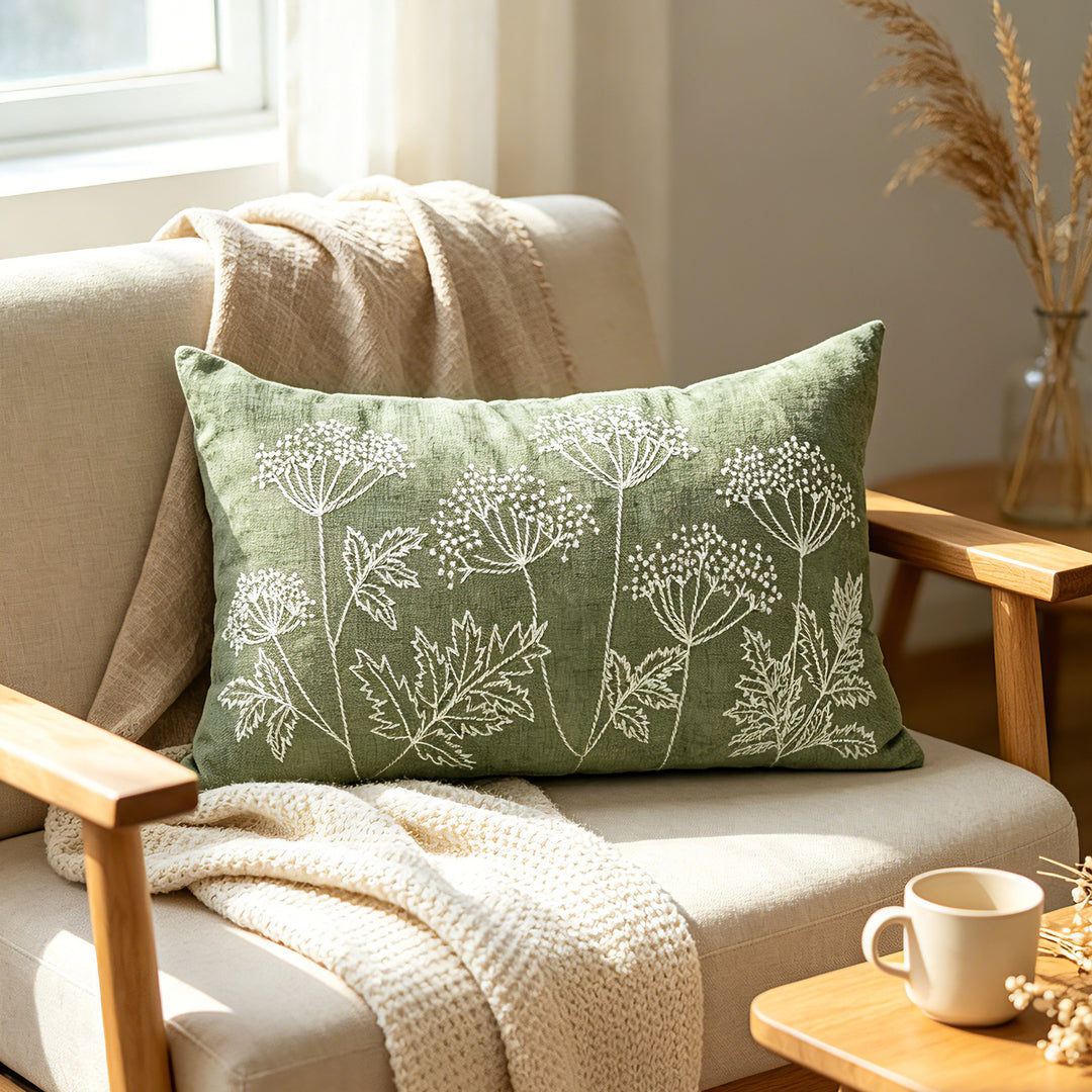 Botanical Embroidered Square Throw Pillow Cover with Linen Texture and Hidden Zipper
