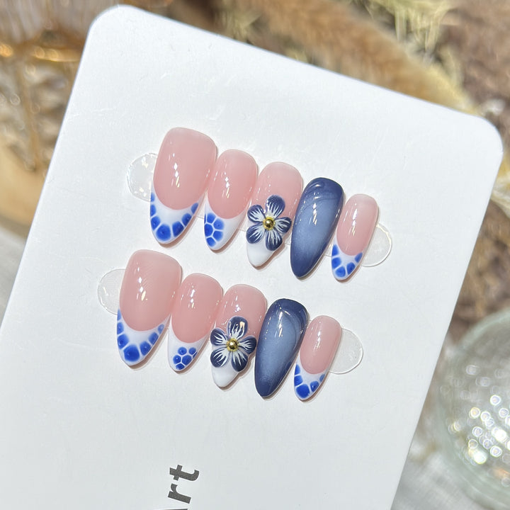 Artistic Press-On Nail Set with Floral and Geometric Accents Kalsten