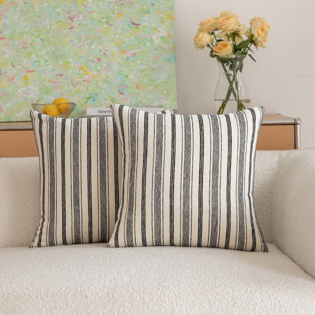 Handloom Vertical Stripe Cotton-Linen Square Pillow Cover with Hidden Zipper