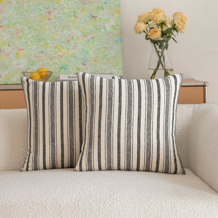 Handloom Vertical Stripe Cotton-Linen Square Pillow Cover with Hidden Zipper
