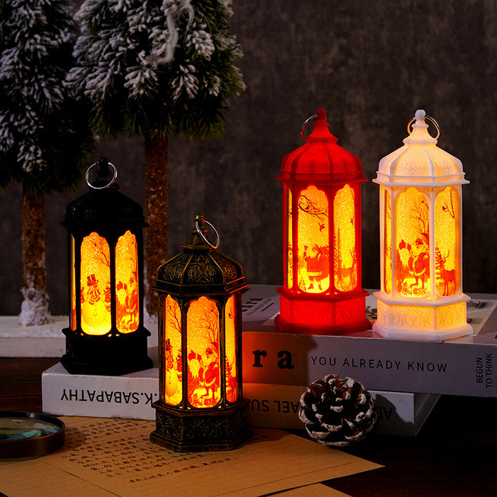 Vintage Moroccan-Style LED Snow Lantern with Rotating Christmas Scene