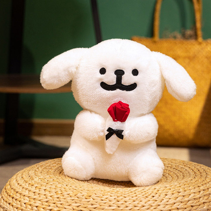 Plush Dog Holding Fabric Rose Decorative Soft Toy with Embroidered Face and Bow Kalsten