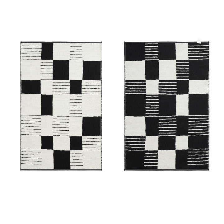 Modern runner rug with checkerboard and line structure