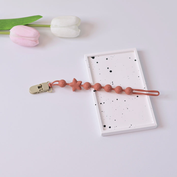 Silicone Star-Bead Pacifier and Teether Clip with Wooden Safety Clamp