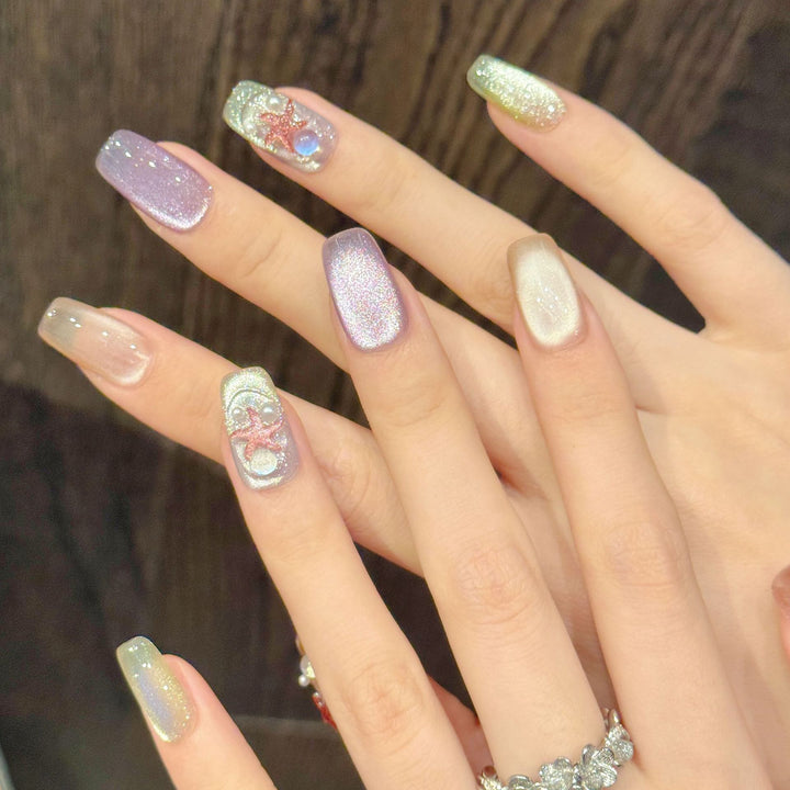 Creative Press-On Nail Art Set with Glitter and Starfish Design