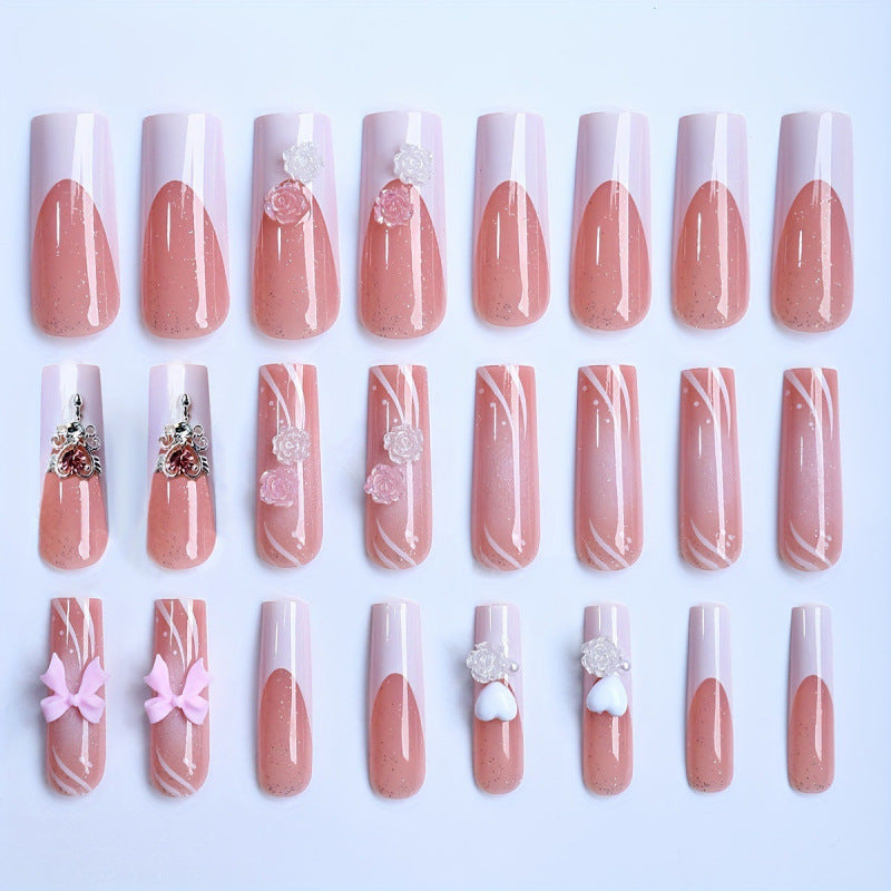Embellished Press-On Nail Set with Floral and Bow Accents