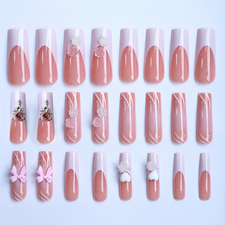 Embellished Press-On Nail Set with Floral and Bow Accents